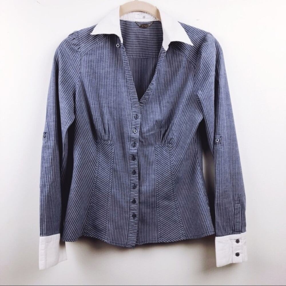 Ali & Kris Blue & White Striped Fitted Button-Up Shirt